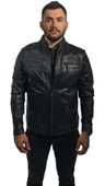 Büyük Beden Hakiki Deri Erkek Ceket Siyah Spor Kesim Dik Yaka Bright Siyah L - 2