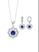 Gümüş Lüks Mavi Safir Taşlı Çiçek Model Kadın Kolye Küpe Set - 1