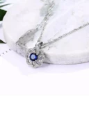 Gümüş Lüks Mavi Safir Taşlı Çiçek Model Kadın Kolye Küpe Set - 2