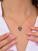 Rose Renk Siyah Taşlı Fatma Ana Eli Kadın Gümüş Kolye thumbnail 2