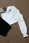 Kız Çocuk Velvet Uzun Kollu Fırfırlı Body Bluz İspanyol Kadife Tayt Pantolon Takım - 2