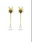 Altın Kaplama Örümcek Figürlü Sallantılı İnci Kadın Küpe thumbnail 1