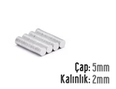 Neodyum Mıknatıs Silindir Çap 5mm , Kalınlık 2mm   ( 20 Adet) - 1