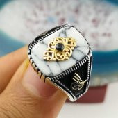 Özel Tasarım Beyaz Firuze Taşlı Tuğra Detaylı 925 Ayar Gümüş Yüzük thumbnail 3