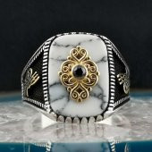 Özel Tasarım Beyaz Firuze Taşlı Tuğra Detaylı 925 Ayar Gümüş Yüzük thumbnail 4