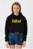 Fallout Lettern Siyah Kadın Crop Kapşonlu - 1