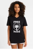 Free Facehugger Hugs Siyah Kadın V yaka Tshirt - 1