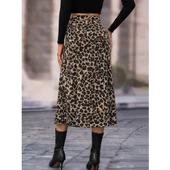 Lucky Life Lucky Life Lucky Life Kadın Yüksek Bel Leopar Desenli Midi Krep Etek - 4