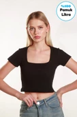Kadın Crop Kare Yaka Fitilli Likralı Kollu Atlet Bluz Tshirt - 1