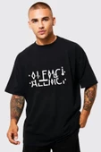 Unisex Siyah Alemci Baskılı Katlamalı Bisiklet Yaka T-shirt - 1