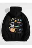 Siyah Unisex Kadın/Erkek Galaxy Gezegen Baskılı Oversize Kapüşonlu Sweatshirt - 1