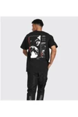 Erkek Siyah Uzay Sırt Baskılı Bisiklet Yaka Oversize T-shirt - 1