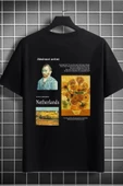 Unisex Van Gogh Netherlands Baskılı Siyah Oversize Bisiklet Yaka T-shirt - 3