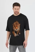 Erkek Siyah Kaplan Baskılı Tişört - 1