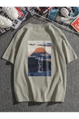 Unisex Gri Japanese Sırt Baskılı Bisiklet Yaka Oversize T-shirt - 1