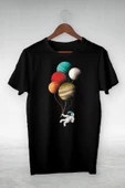 Slim Fit Unisex Siyah Baloncu Uzay Baskılı T-shirt - 1