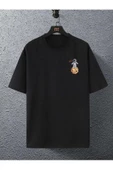 Unisex Siyah Arkası Gezegen Baskılı Oversize Bisiklet Yaka Tshirt - 3
