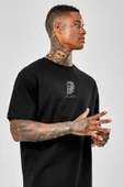 Unisex Siyah Plato Paskılı Beyaz Oversize T-shirt - 1