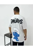Unisex Beyaz The Smurfs Şirinler Baskılı Oversize Bisiklet Yaka T-shirt - 1