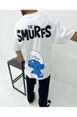 Unisex Beyaz The Smurfs Şirinler Baskılı Oversize Bisiklet Yaka T-shirt - 2