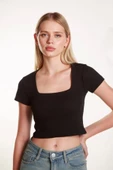 Kadın Crop Kare Yaka Fitilli Likralı Kollu Atlet Bluz Tshirt - 4