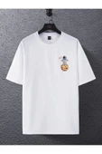 Unisex Beyaz Arkası Gezegen Baskılı Oversize Bisiklet Yaka Tshirt - 4