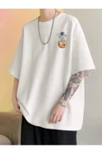 Unisex Beyaz Arkası Gezegen Baskılı Oversize Bisiklet Yaka Tshirt - 2