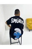Siyah Unisex The Smurfs Şirinler Baskılı Oversize Bisiklet Yaka T-shirt - 1