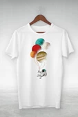 Slim Fit Unisex Beyaz Baloncu Uzay Baskılı T-shirt - 1