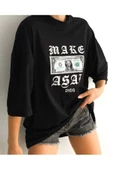 Unisex Dolar Baskılı Oversize Siyah T-shirt - 2