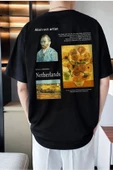 Unisex Van Gogh Netherlands Baskılı Siyah Oversize Bisiklet Yaka T-shirt - 1