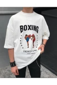Erkek Beyaz Boxing Baskılı Oversize Bisiklet Yaka Penye Tişört - 2