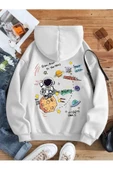 Beyaz Unisex Kadın/Erkek Galaxy Gezegen Baskılı Oversize Kapüşonlu Sweatshirt thumbnail 1