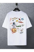 Unisex Beyaz Arkası Gezegen Baskılı Oversize Bisiklet Yaka Tshirt - 3
