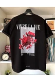 Unisex Siyah Vivre La Vie Baskılı Oversize Bisiklet Yaka Penye Tişört - 1