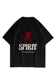 Unisex Spirit Basklı Siyah Oversize Bisiklet Yaka Tshirt - 1