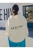 Beyaz Oversize Unisex Destiny Baskılı Bisiklet Yaka 3 Iplik Pamuk Kapüşonlu Sweatshirt - 1