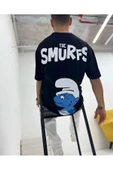 Siyah Unisex The Smurfs Şirinler Baskılı Oversize Bisiklet Yaka T-shirt - 4