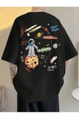 Unisex Siyah Arkası Gezegen Baskılı Oversize Bisiklet Yaka Tshirt - 1