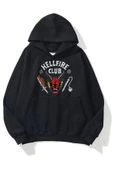 Unisex Hellfire Club Baskılı Oversize Siyah Kapüşonlu Sweatshirt thumbnail 1