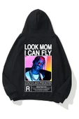 Siyah Unisex Look Mom Can Fly Renkli Kapüşonlu Sweatshirt thumbnail 1