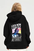 Siyah Unisex Look Mom Can Fly Renkli Kapüşonlu Sweatshirt thumbnail 3