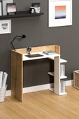 Fly Mobilya Moon Raflı Çalışma Masası, Beyaz Meşe Kitaplıklı Bilgisayar Masası, Ofis Ders Laptop Masası - 1