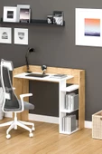 Fly Mobilya Moon Raflı Çalışma Masası, Beyaz Meşe Kitaplıklı Bilgisayar Masası, Ofis Ders Laptop Masası - 2