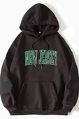 Unisex Oversize Siyah New Jersey Baskılı Kapüşonlu Sweatshirt - 1
