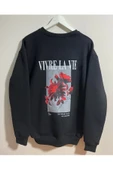 3 Iplik Oversize Vivre La Vie Basklı Siyah Unisex Sweatshirt thumbnail 1