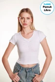 Kadın Crop Ön Yaka Büzgülü Fitilli Likralı Kollu T-Shirt - 3