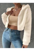 Kadın Kırık Beyaz Fitted Crop Kapşonlu Zip Fermuarlı Polar Hırka Sweatshirt - 3