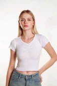 Kadın Crop Ön Yaka Büzgülü Fitilli Likralı Kollu T-Shirt - 2