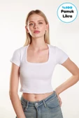 Kadın Crop Kare Yaka Fitilli Likralı Kollu Atlet Bluz Tshirt - 1